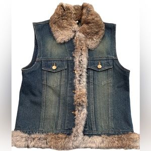 Cejon Accessories Inc. Denim Vest With 100% Rabbit Fur Trim Women’s Small
